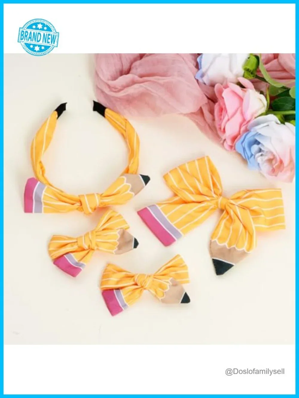 4 Pencil Hair Bow Clips Headband Set Back to School Girls